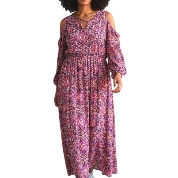 Lane Bryant Dresses & Skirts - Lane Bryant Cold Shoulder Lace Trim Pink Paisley Maxi Dress Women's Size 18